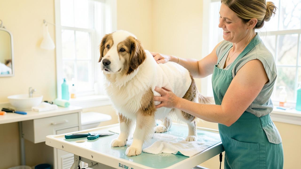 A rescued dog being gently groomed at a clean, bright grooming station