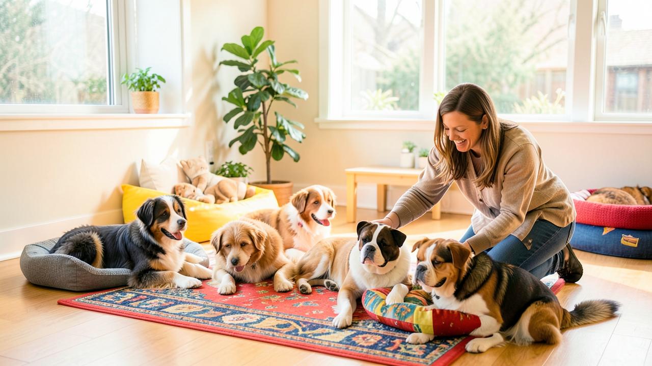 Rescue dogs relaxing and playing with a caregiver in a bright, home-like facility room